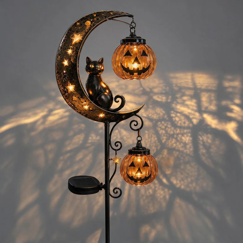 👻 Solar Halloween Garden Stake Light with Black Cat & Pumpkin
