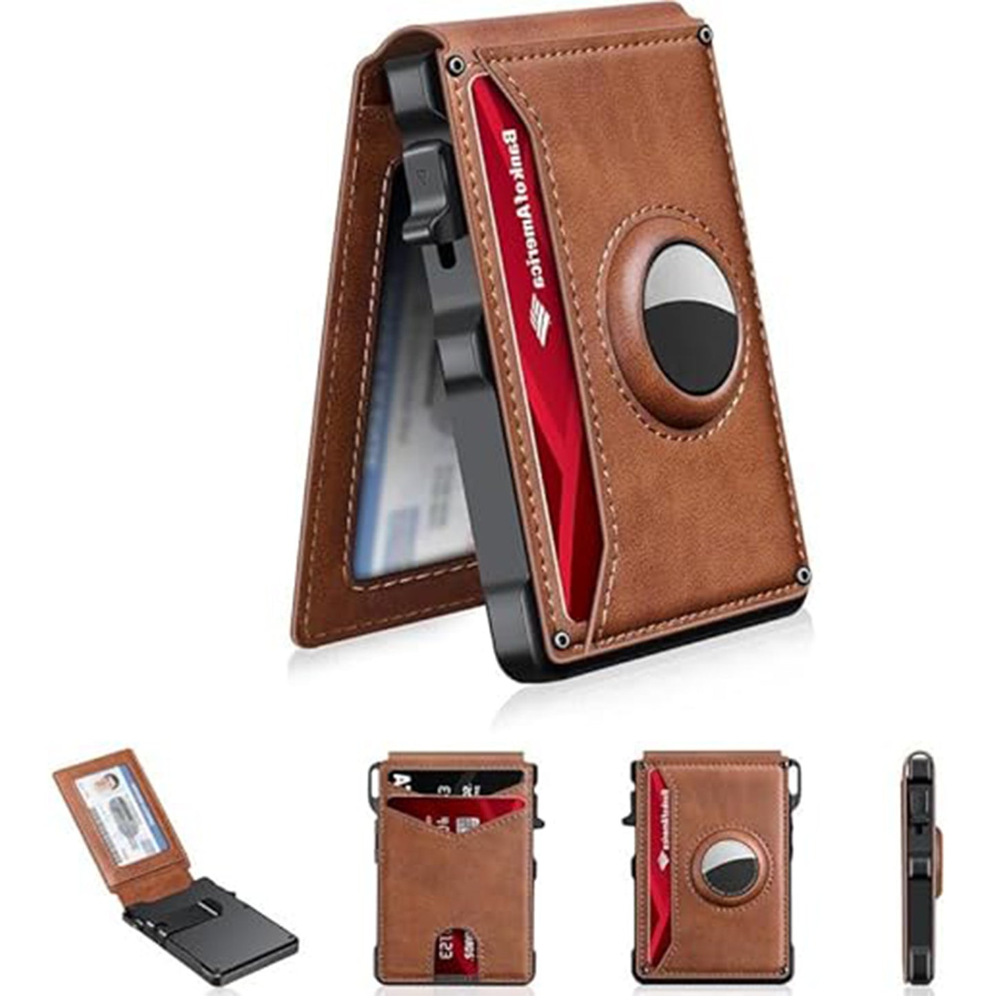 Slim Magnetic AirTag Leather Flip Card Wallet with ID Slot