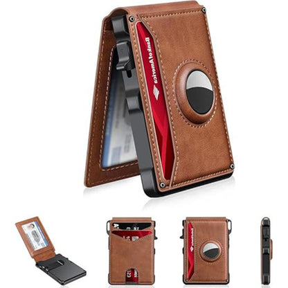 Slim Magnetic AirTag Leather Flip Card Wallet with ID Slot